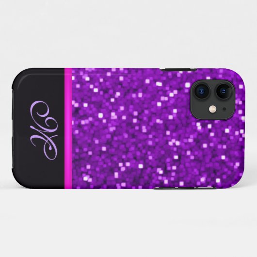 紫色のグリッターのモノグラムのきらきら光るなガーリーなお母さんの輝き Case-Mate iPhoneケース (裏面(横))