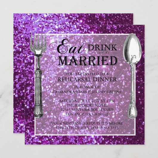 紫色のグリッターの結婚式のリハーサルの夕食 招待状 (正面/裏面)