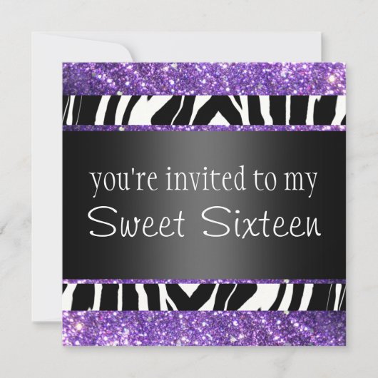 紫色のグリッターのSweet sixteen 招待状 (正面)