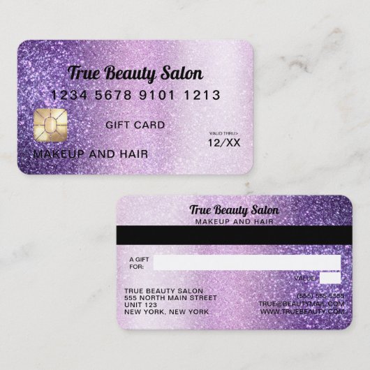 紫色のグリッタークレジットカードギフト証明書 名刺 (正面/裏面)