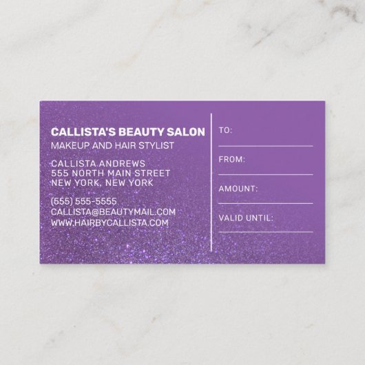 紫色のグリッターグラデーションギフト証明書 名刺 (裏面)