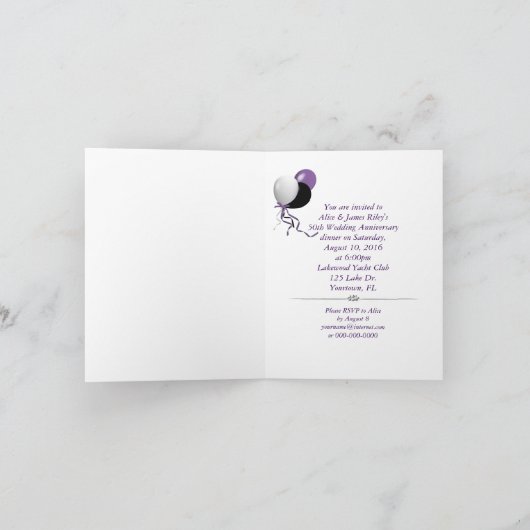 紫色のグリッターダマスクフレームの記念日 招待状 (内部)