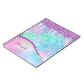 紫色のグリッタードリップス、玉虫色、名前とモノグラム ノートブック (左側)