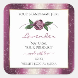 紫色のグリッターホワイト製品ラベルバラ花 スクエアシール