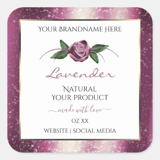 紫色のグリッターホワイト製品ラベルバラ花 スクエアシール (正面)