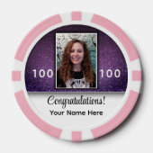 紫色のグリッター写真おめでとう会社のロゴ ポーカーチップ (正面)