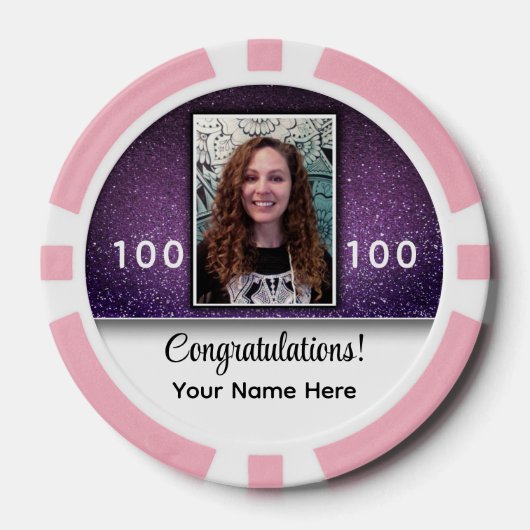 紫色のグリッター写真おめでとう会社のロゴ ポーカーチップ (正面)