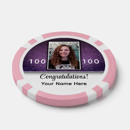 紫色のグリッター写真おめでとう会社のロゴ ポーカーチップ (シングル)