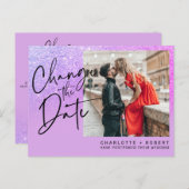 紫色のグリッター結婚写真の日付の変更 案内ポストカード (正面/裏面)