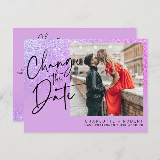 紫色のグリッター結婚写真の日付の変更 案内ポストカード (正面/裏面)