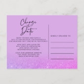 紫色のグリッター結婚写真の日付の変更 案内ポストカード (裏面)