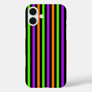 紫色のグリーンオレンジ色の黒いハロウィンストライプの iPhone 16 PLUSケース