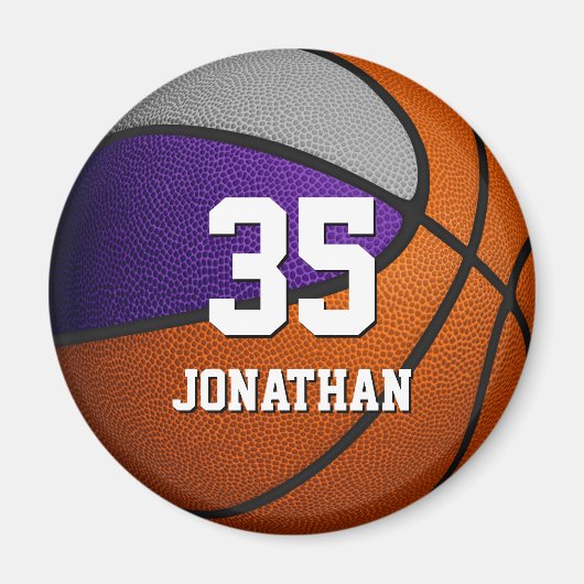 紫色のグレーのチームカラーのリアルなバスケットボール マグネット (正面)