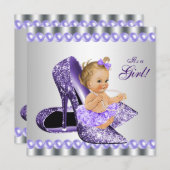 紫色のグレーのハイヒールシューベビーシャワー 招待状 (正面/裏面)