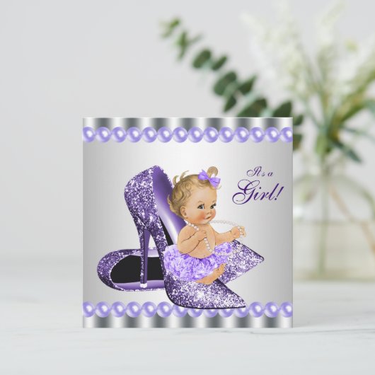 紫色のグレーのハイヒールシューベビーシャワー 招待状 (スタンド正面)
