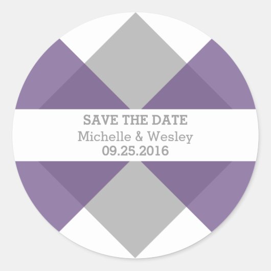 紫色のグレーの幾何学座標系で日付のシールを保存 ラウンドシール (正面)