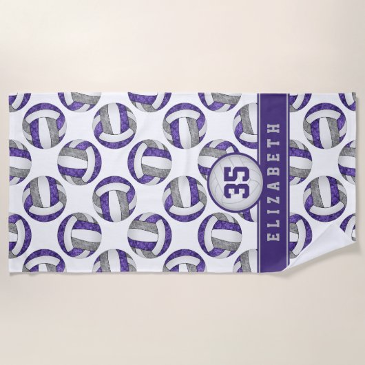 紫色のグレーバレーボールのチームカラーギフト ビーチタオル (正面)