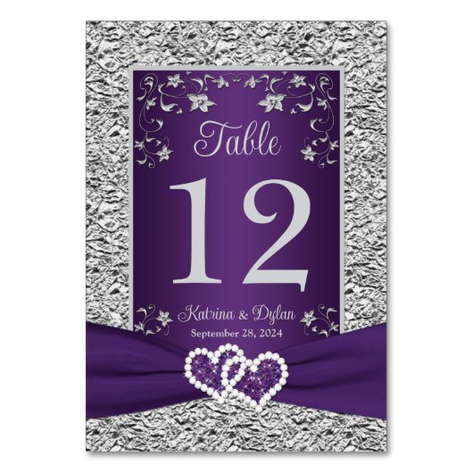 紫色のグレーラブハート結婚のテーブル番号カード テーブルナンバー (正面)