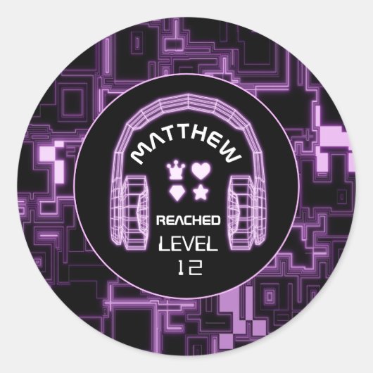 紫色のグローのビデオゲームヘッドセットパーティー ラウンドシール (正面)