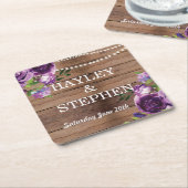 紫色のコースターの素朴な木によっては結婚披露宴が開花します スクエアペーパーコースター (アングル)