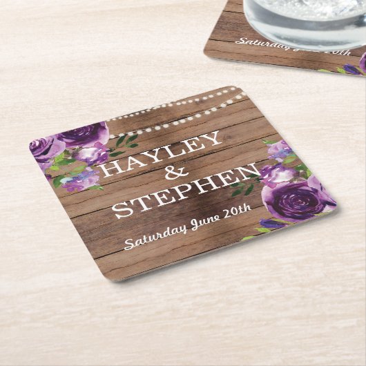 紫色のコースターの素朴な木によっては結婚披露宴が開花します スクエアペーパーコースター (アングル)