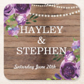 紫色のコースターの素朴な木によっては結婚披露宴が開花します スクエアペーパーコースター (正面)