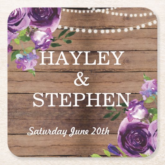 紫色のコースターの素朴な木によっては結婚披露宴が開花します スクエアペーパーコースター (正面)