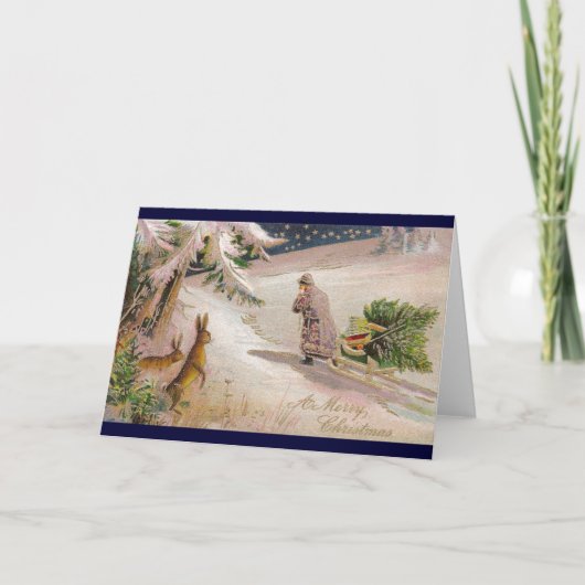 紫色のコートの引きのそりのウサギの腕時計サンタ シーズンカード (正面)