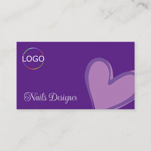紫色のゴージャスな薄紫ハートとロゴと写真 名刺 (正面)
