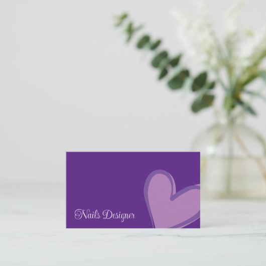 紫色のゴージャスな薄紫モダンハートと写真かわいい 名刺 (スタンド正面)