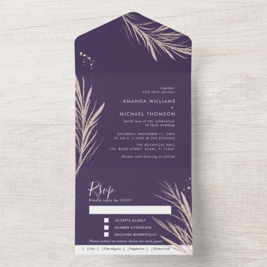 紫色のゴールデンウィッグエレガントな結婚式すべて1つのアル オールインワン招待状 (内側)