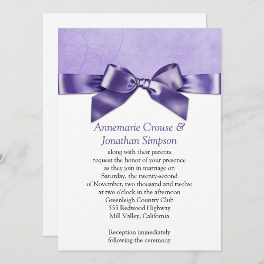 紫色のサテンリボンの結婚式 招待状 (正面/裏面)