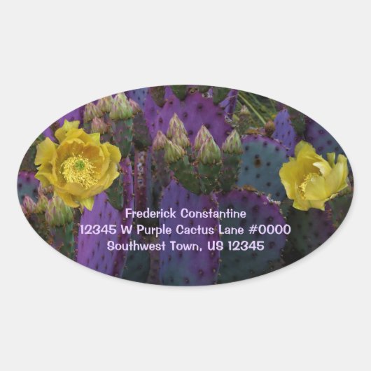 紫色のサボテンと黄色い花の住所 シール (正面)