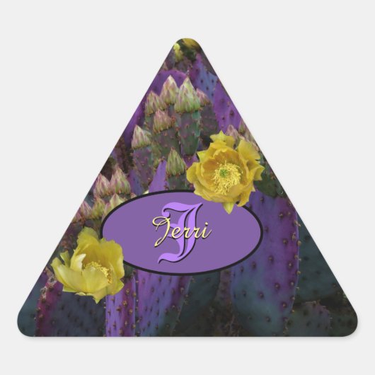 紫色のサボテンと黄色い花の封筒用シール 三角形シール (正面)