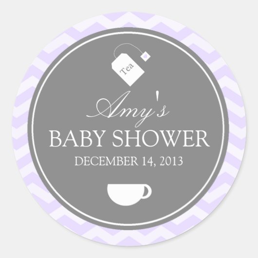 紫色のシェブロン高茶ベビーシャワーステッカー ラウンドシール (正面)