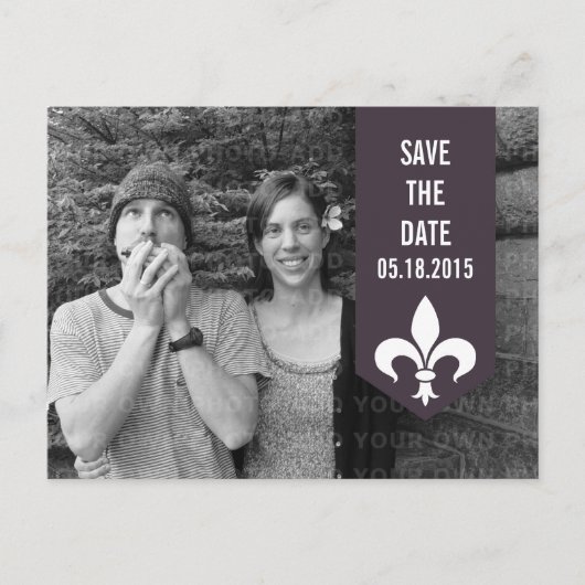 紫色のシックなフローリッシュバナー日付はがきを保存 案内ポストカード (正面)