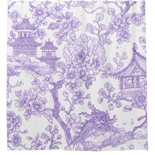 紫色のシノワズリ・トワル ドラゴン 桜 シャワーカーテン (正面)