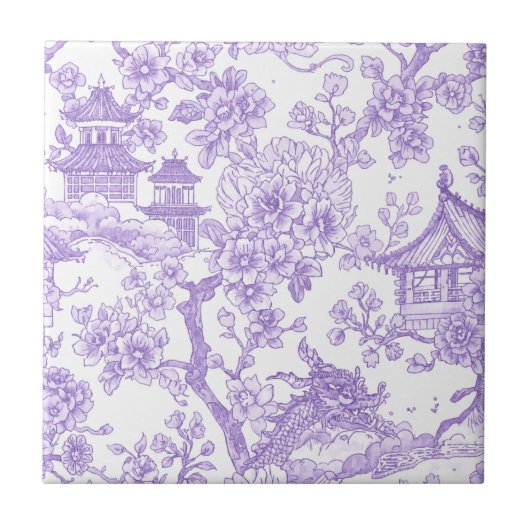 紫色のシノワズリ・トワル ドラゴン 桜 タイル (正面)