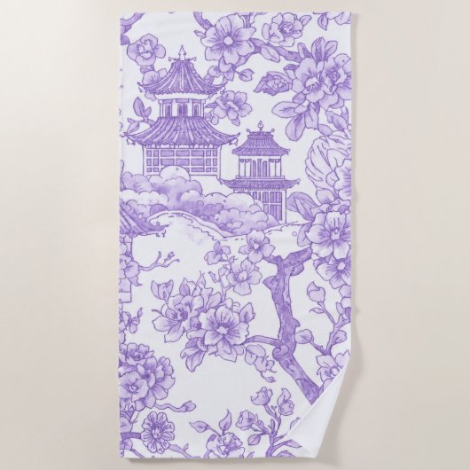 紫色のシノワズリ・トワル ドラゴン 桜 ビーチタオル (正面)