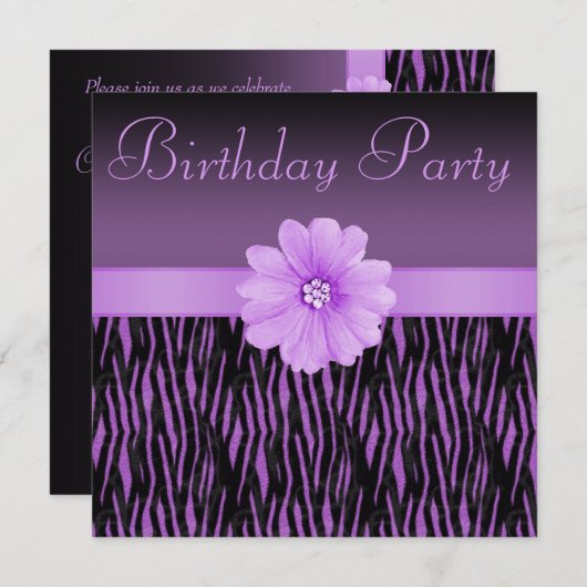 紫色のシマウマのストライプのきらきら光るな花の誕生会 招待状 (正面/裏面)