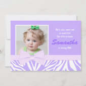 紫色のシマウマのプリントの女の子の誕生会の写真 招待状 (正面)