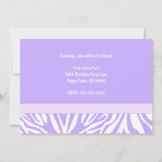 紫色のシマウマのプリントの女の子の誕生会の写真 招待状 (裏面)