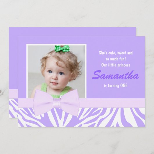 紫色のシマウマのプリントの女の子の誕生会の写真 招待状 (正面/裏面)