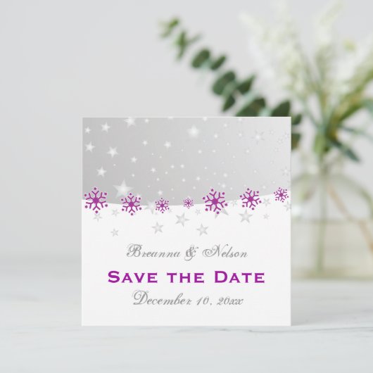 紫色のシルバーグレーのスノーフレーク結婚式の日付を保存 セーブザデート (スタンド正面)