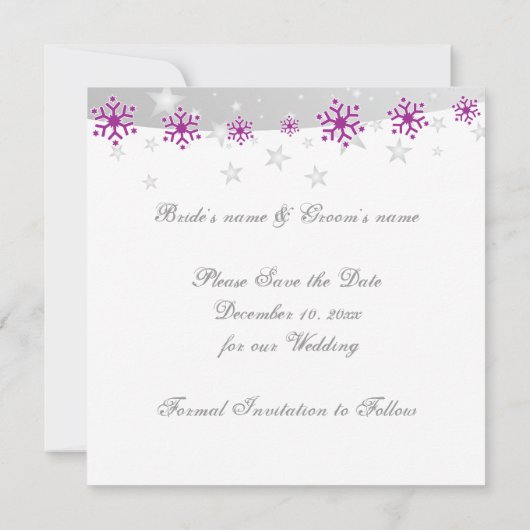 紫色のシルバーグレーのスノーフレーク結婚式の日付を保存 セーブザデート (裏面)