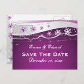 紫色のシルバーグレーのスノーフレーク結婚式の日付を保存 案内ポストカード (正面/裏面)