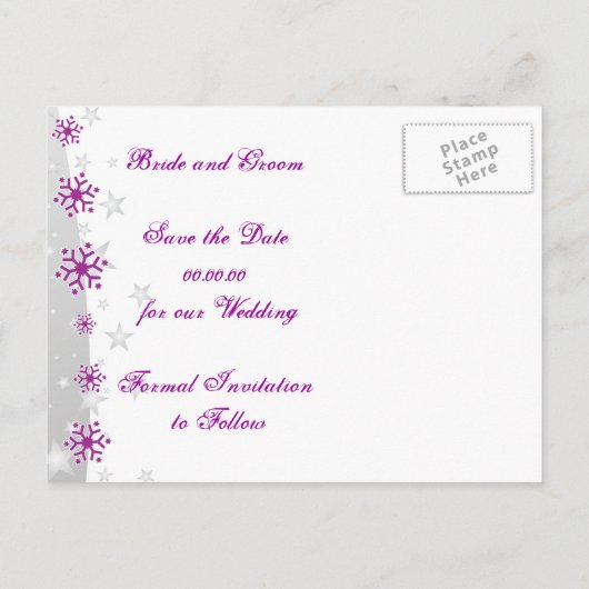 紫色のシルバーグレーのスノーフレーク結婚式の日付を保存 案内ポストカード (裏面)