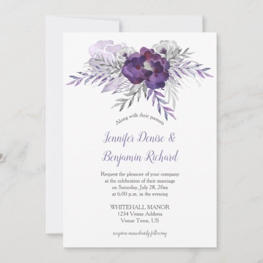 紫色のシルバーグレーの水色の花結婚の色 | 招待状 (正面)