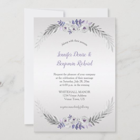 紫色のシルバーグレーの水色の花結婚の色 | 招待状 (正面)