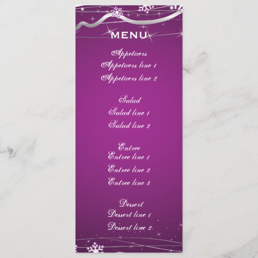 紫色のシルバーグレーの結婚スノーフレークのメニューカード メニュー (裏面)